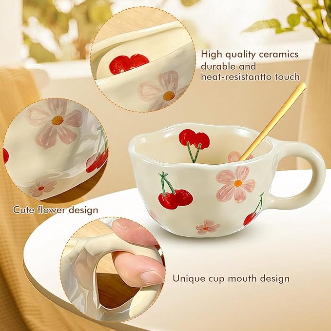 Kawlity 4 Styles Vintage Flower Mugs, 8oz Ceramic Coffee Mug Set with Spoon, Aesthetic Floral Cute Tea Cups with Handles, Porcelain Floral Mugs for Coffee Milk Juice Slushies Oats