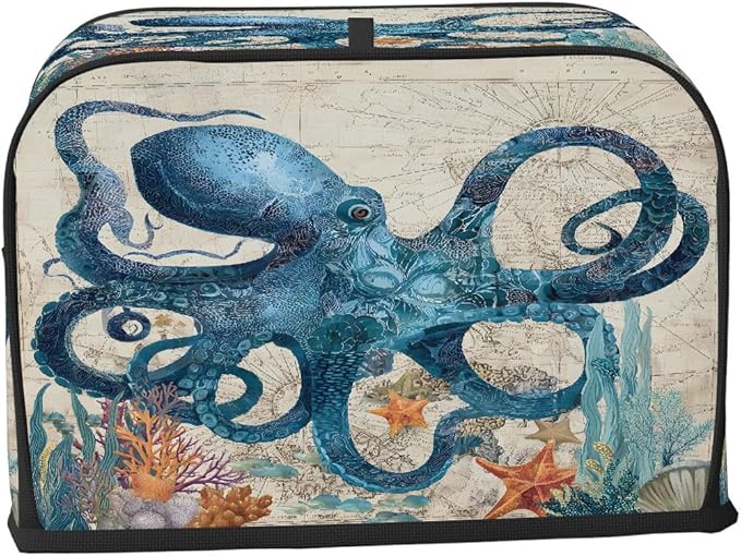 Retro Blue Octopus 4 Slice Toaster Cover Dust And Fingerprint Bread Maker Cover Bakeware Protector Washable Appliance Covers Kitchen Accessories For Home Kitchen Women Gift