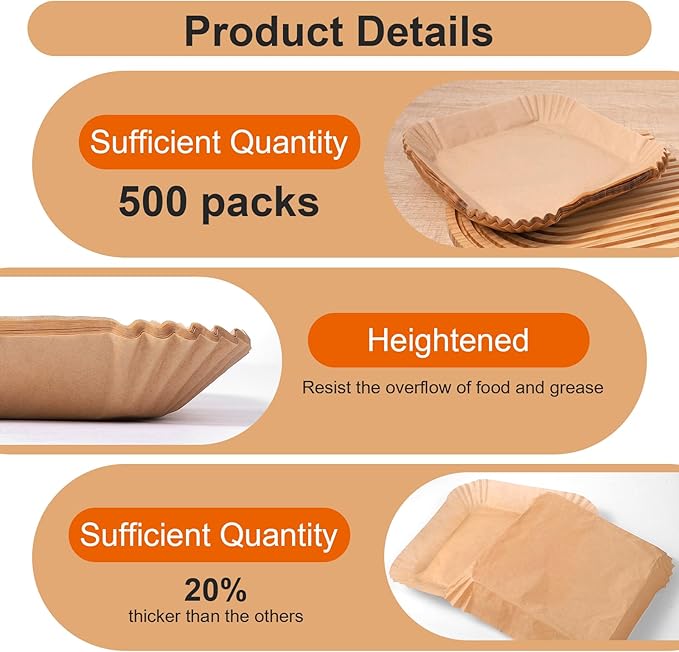 500 Pcs Air Fryer Paper Liners, 8” Square Disposable Parchment Paper Liner for 5-8 QT Air Fryer, Non-Stick, Oil Proof Unbleached Airfryer for Baking, Roasting Microwave