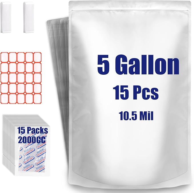 15 Pcs 5 Gallon Mylar Bags for Food Storage, 10.5 Mil Mylar Bags with Oxygen Absorbers 2000cc (15 Single Sealed), Stand-Up Zipper Resealable Bags & Heat Sealable Food Storage Bags + Labels