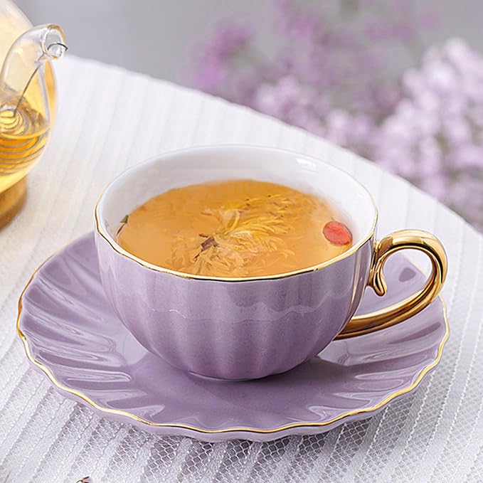 ICHAG 18-Piece Bone China Cup and Saucer Set, 7.7oz Pumpkin Coffee Cups with Golden Trim & Spoons, Heat Resistant Porcelain Mugs for Afternoon Tea, Home, Office, Party & Gifting