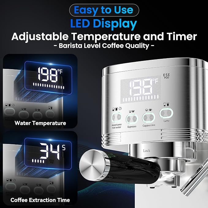 Espresso Machine 20 Bar Temperature Time LED Display Espresso Maker with Stepless Adjustable Automatic Milk Frother for Cappuccino Latte Americano Stainless Steel Coffee Machine with ESE Pod Filter