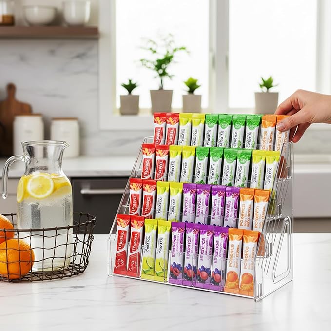 4-Tier Acrylic Drink Packet Organizer with 20 Compartments, Sugar Packets Drink Mix Organizer, Water Flavor Packet Holder for Kitchen Pantry Cabinet Storage Coffee Station