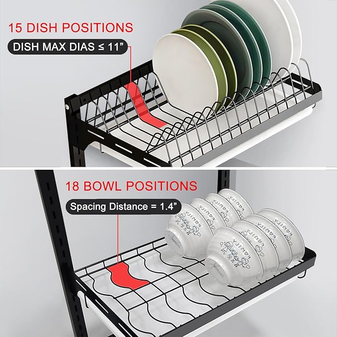 Wall Mounted Dish Drying Rack, 3 Tier Hanging Dish Rack Drainer, Wall Mount Kitchen Plate Organizer Storage Shelf with Drain Tray and 3 Hook, Stainless Steel, Black, Large, Ajustable Height (21.8")