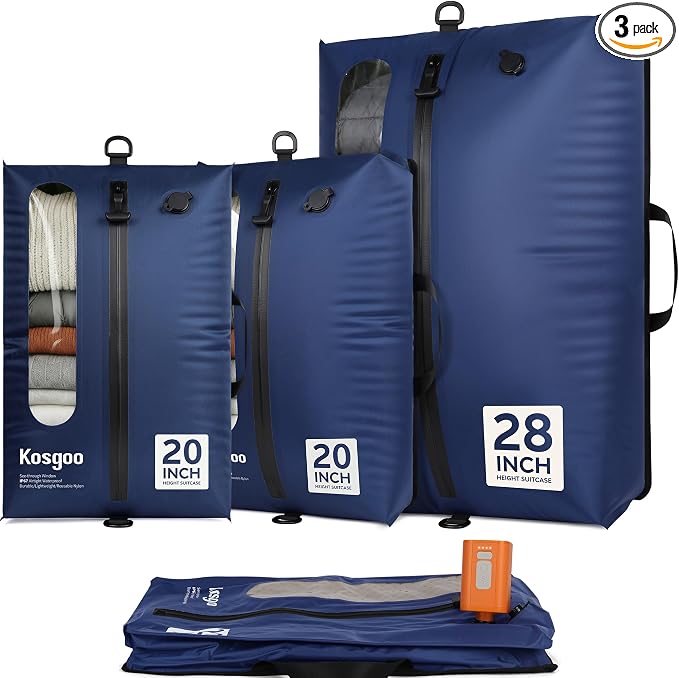 Vacuum Seal Bags for Travel with Pump, Navy, 20+20+28 | Reusable Nylon, Compression Packing Cubes, Odor & Waterproof, Space Saving for Suitcase & Backpack, 3PCS