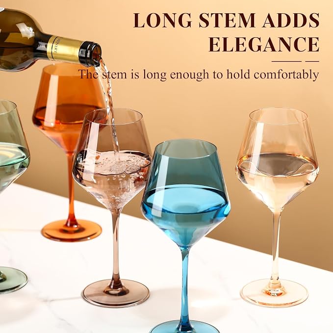 Colored Wine Glasses Set of 6-17.5【Hand Blown】 Crystal Colorful Wine Glasses with Tall Long Stems, Elegant Muticolor Colored Glassware - Unique Gifts for Wine Lovers-Wedding Gifts