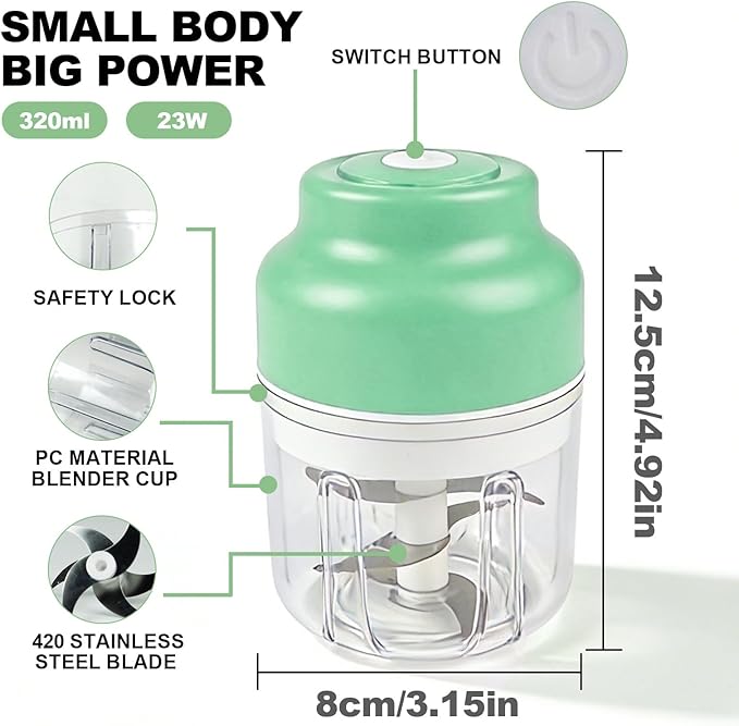 Kuars Gvni Wireless Garlic Chopper 11.26oz Mini Electric Food Processor Portable Small Blender for Chili Scallion Garlic Minced Meat Herbs (Green)