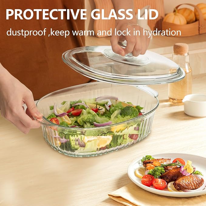 Luvan 2.8L/3Qt Glass Casserole Dish with Lid, Ribbed Oval Glass Baking Dish for Oven & Microwave, Clear Lead-Free Covered Casserole Cookware, Versatile Deep Glasses Food Container for Baking, Cooking