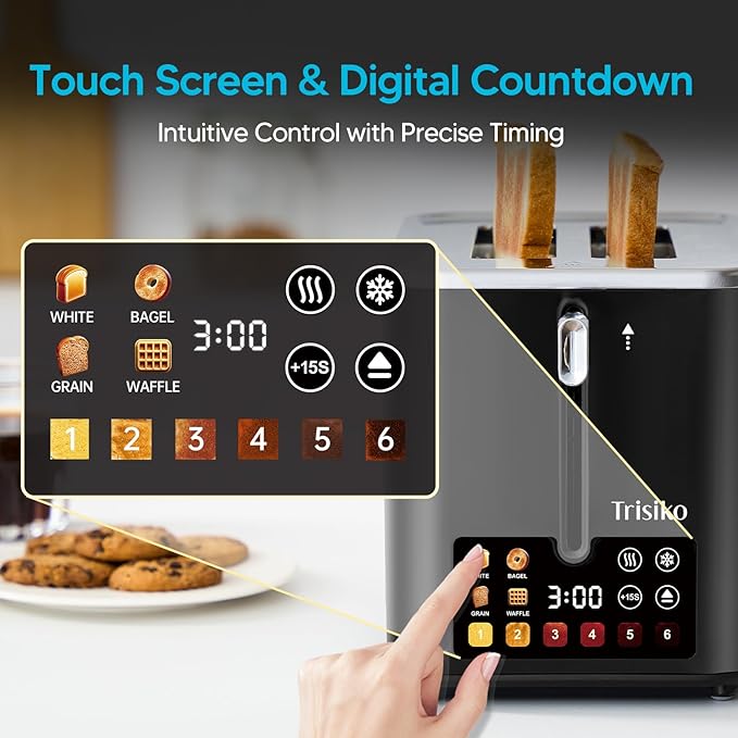 Trisiko® Touch Screen Toaster 2 Slice, Stainless Steel Smart Toaster with Digital Timer, 1.38" Extra-Wide Slots for Bread& Bagel, Great for Home, Office,Dorm (Black)