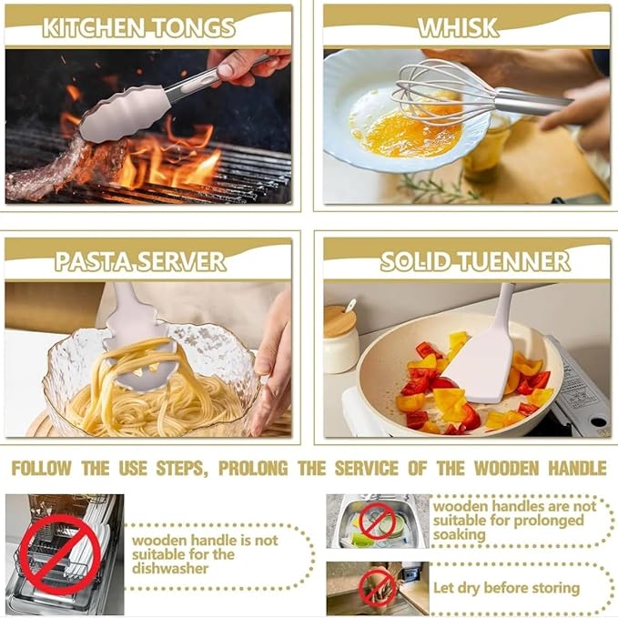 Kitchen Utensil Set with Holder, 19-Piece Silicone Cooking Tools, Wooden Handles, Available in White, Grey, Pink,Black (White)