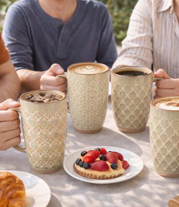 GBhome 20oz Large Coffee Mugs Set of 6, Handmade Tall Ceramic Coffee Mugs with Texture Patterns for Cappuccino, Latte,Hot Cocoa, Dishwasher & Microwave Safe-Pale Khaki