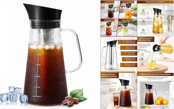Cold Brew Pitcher 1L Glass Coffee Maker | Stainless Steel Mesh Filter