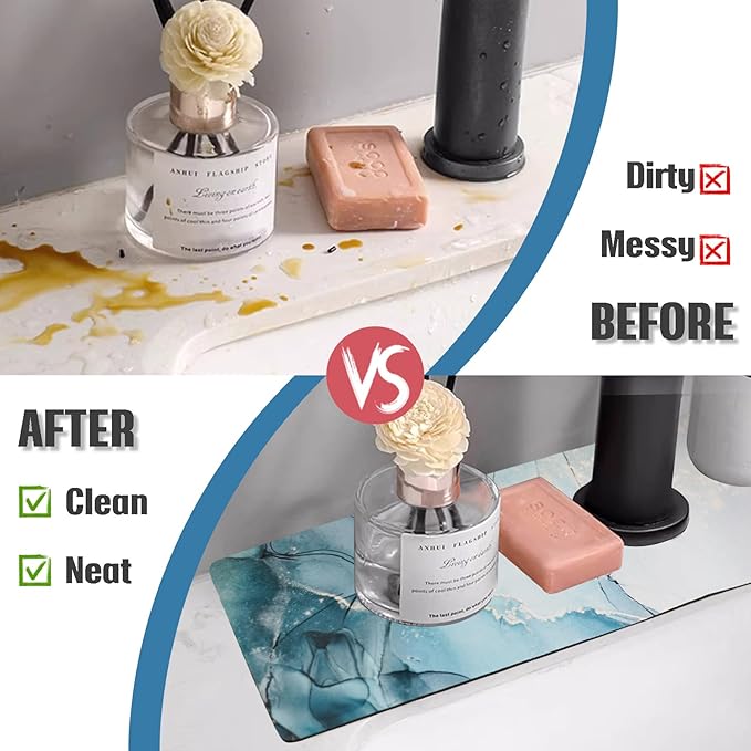 Sink Faucet Absorbing Mat, 2 Pack Drying Mat Around Faucet Sink Splash Guard Behind Faucet Sinkmat For Kitchen Bathroom Island Rv 24 * 5.5 Inch (60 * 14 cm)