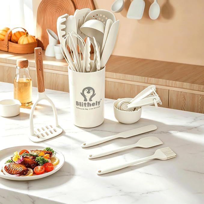Large Silicone Kitchen Utensils Set with Holder, 25Pcs Cooking Utensil Set with Wooden Handle, Heat Resistant Spatula Sets for Cooking, BPA Free Silicone Utensils Set for Non-Stick Cookware(White)
