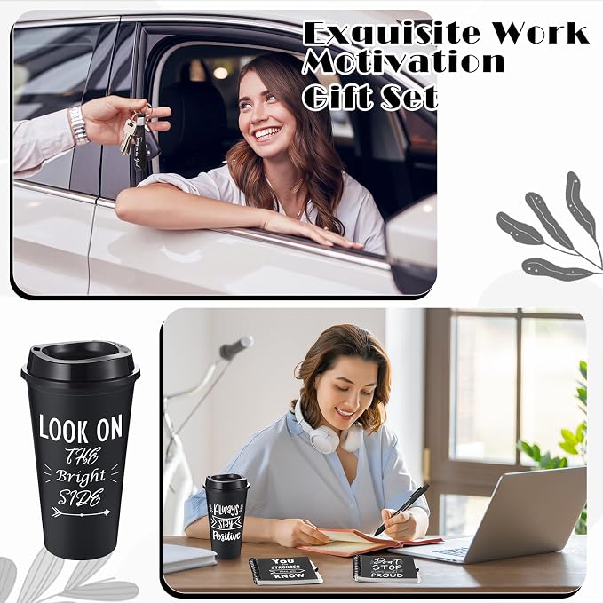 Skylety 12 Sets/48 Pcs Employee Appreciation Gift Baskets Bulk 16oz Inspirational Coffee Cup with Spiral Notebook, Pen & Keychain, Thank You Gifts for Staff, Teacher,Coworker, Team (Black)
