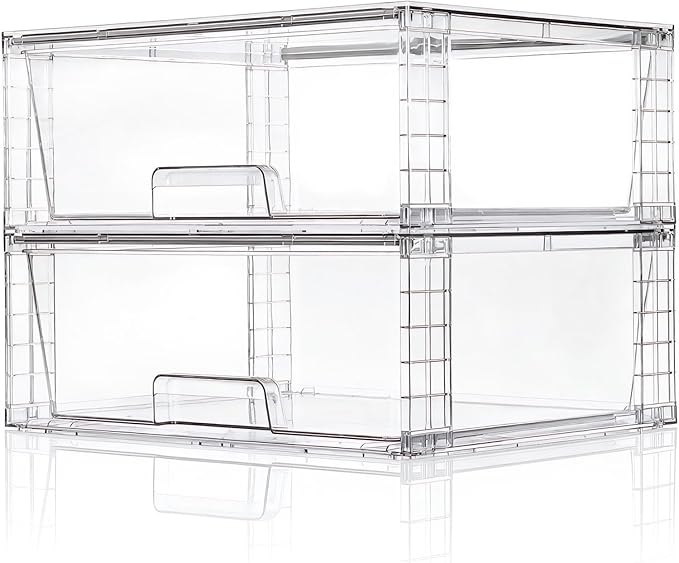 Wide Large Stackable Storage Drawers(2 Pack),Multi-purpose Clear Plastic Organizer Bins with Handles, Easy to Assemble for Bathroom Home Closet Under Sink Kitchen Pantry Medicine Cabinet