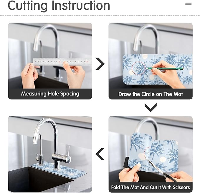 Kitchen Sink Splash Guard 2 PCS 30 Inch Sink Faucet Mat Splash Guard for Bathroom Countertop Water Absorbent Foldable Cuttable Soft Washable Light Blue Palm Trees and Sun