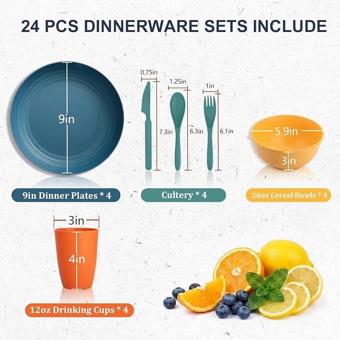 Wheat Straw Dinnerware Sets for 4, Kitchen Plates and Bowls Set, Unbreakable Kids Dishes Set 24 Piece, Microwave & Dishwahser Safe Plastic Dinnerware Set for Camping, RV, Party, Dorm - Multi