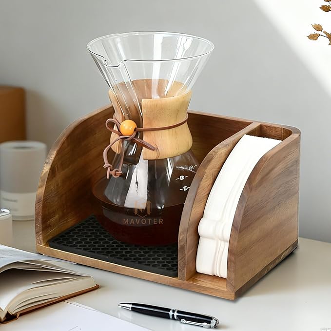 Acacia Coffee Bar Station Organizer Stand, Wooden Pour Over Maker Caddy Storage Organizers, Coffee Filter Holder for Countertop with Heatproof Mat (9.4*7*5.1 inch) Glass Coffee Maker not included