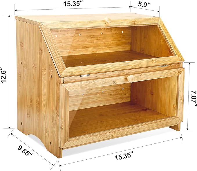 HOMEKOKO Double Layer Large Bread Box for Kitchen Counter, Natural Bamboo | Bread Storage Bin, Wooden, Large Capacity, See Through, Easy Assembly