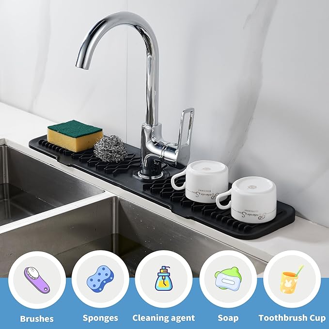 24 inch Silicone Faucet Splash Guard Black Kitchen Sink Mat Dish Drying Mats Sponge Holder and Bathroom Countertop Protect Kitchen Sink Splatter Screen Faucet Air Drying Mat Drip Catcher Tray