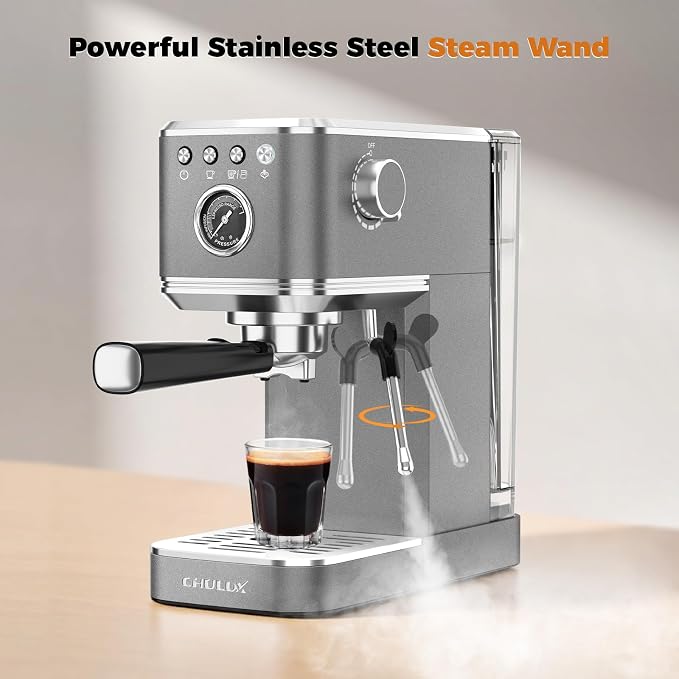 CHULUX Elite Espresso Machine with Milk Frother, Compact Hot and Ice Expresso Coffee Maker for Cappuccino, Latte and Americano, 20 Bar Italian High Pressure Pump, Metallic Gray