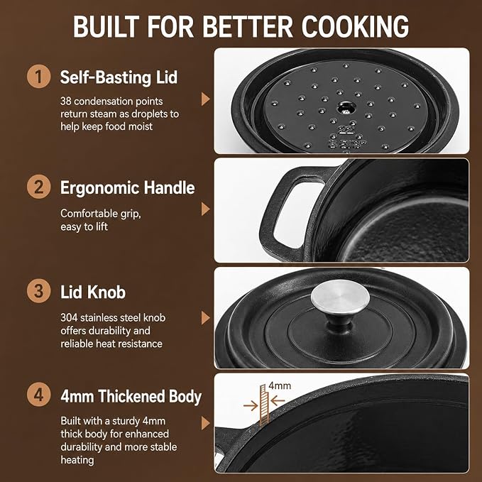 Enameled Cast Iron Dutch Oven with Lid, 3.3 QT Round Dutch Oven Pot, Matte Black Small Dutch Oven for Soup, Stew, Braising & Baking, Oven Safe to 500°F, Works on Induction, Gas & Electric