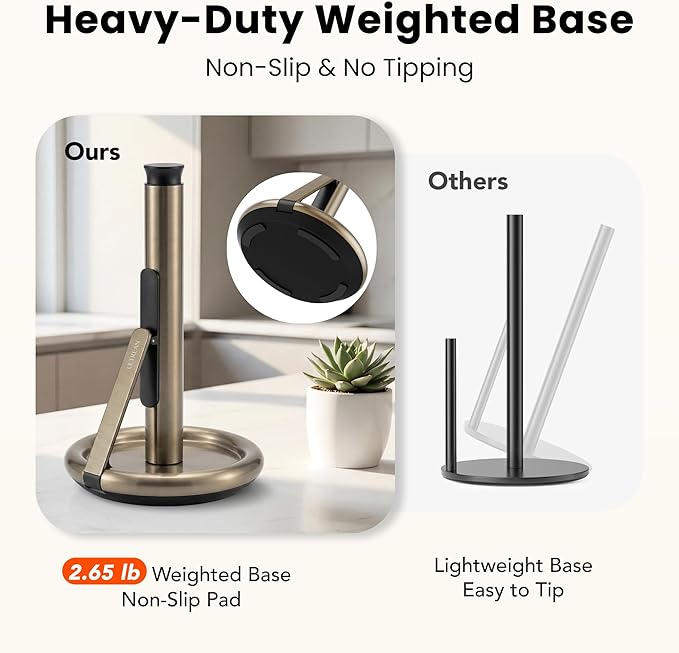 Ultrean Paper Towel Holder Countertop, Freestanding Paper Towel Dispenser with Spring-Loaded Arm for One-Handed Tear, Weighted Non-Slip Base, Stainless Steel for Kitchen, Gold