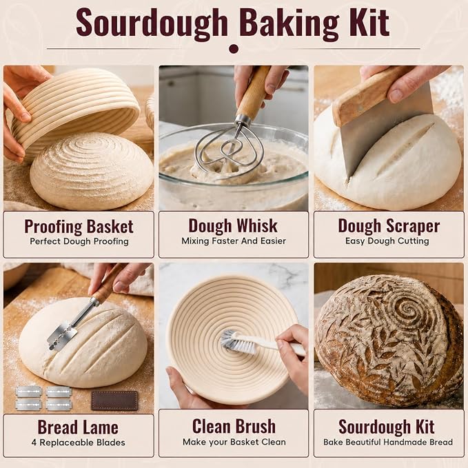 Sourdough Starter Kit - Banneton Proofing Basket 9 Inch Round & 10 Oval, Complete Sourdough Bread Baking Supplies with Starter Jar, Bread Sling, Lame, Danish Dough Whisk, Bags