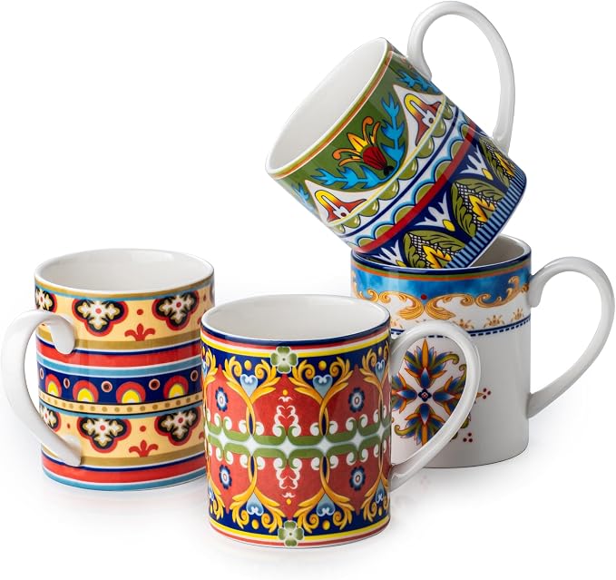 UNICASA Ceramic Coffee Mug Set of 4, 10 oz Colorful Cups with Handle, Boho Style for Latte, Cappuccino, Cocoa, Microwave & Dishwasher Safe