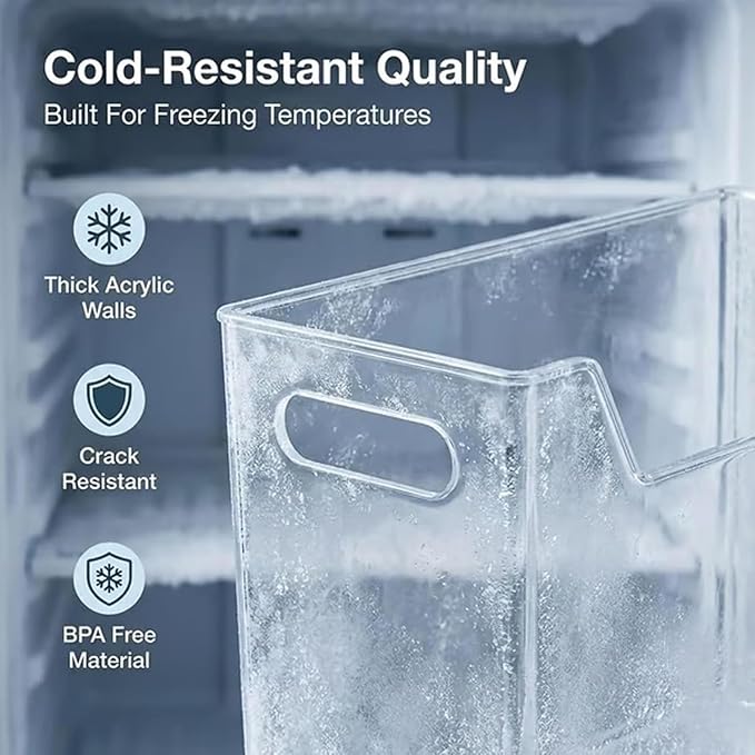 Clear Freezer Storage Bins, 4 Pack Clear Plastic Bins for Refrigerator and Pantry, Stackable Kitchen Cabinet Organizer with Handles for Kitchen, Office, Closet, Freezer organization (2*L)
