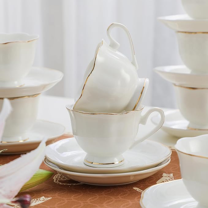 White Porcelain 75ml Demitasse Set of 8 (16-Piece) - 2.5oz Espresso Cups & Saucers, Elegant White & Gold Trim Coffee Set for Turkish Coffee, After Dinner, Gift Giving