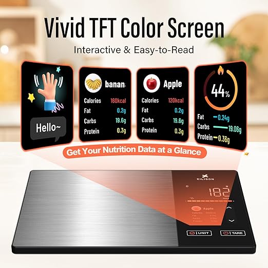 EILISON Smart Kitchen Scale with Nutrition Calculator, Digital Food Scale, Large TFT Color Display, Bluetooth App for 999+ Foods, Calorie Counter & 24 Nutrients Analyzer, 5000g Capacity (Black)