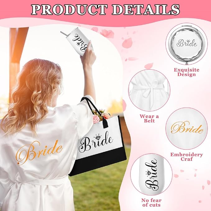 JaGely 9 Pcs Bride to Be Gifts Set Bridal Shower Bachelorette Wedding Gifts with Robe Slippers Tumbler Tote Bag & Bridal Kit