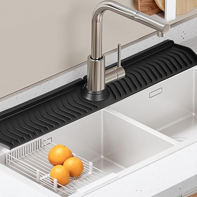 Kitchen Sink Faucet Mat,30in New Foldable Faucet Mat for Kitchen Sink, Adjustable Waterproof Splash Guard Draining Mat,Keep Countertops Dry (Black,29.9" x 5.7)