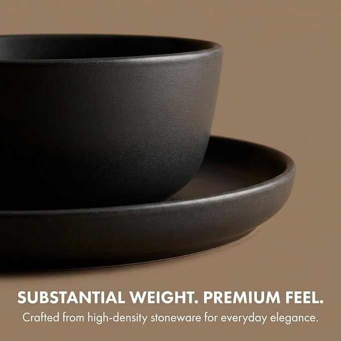 Dinnerware Sets, Stoneware Dinnerware Sets, Plates and Bowls Sets, Dishes, 12-Piece Service for 4, Matte Black