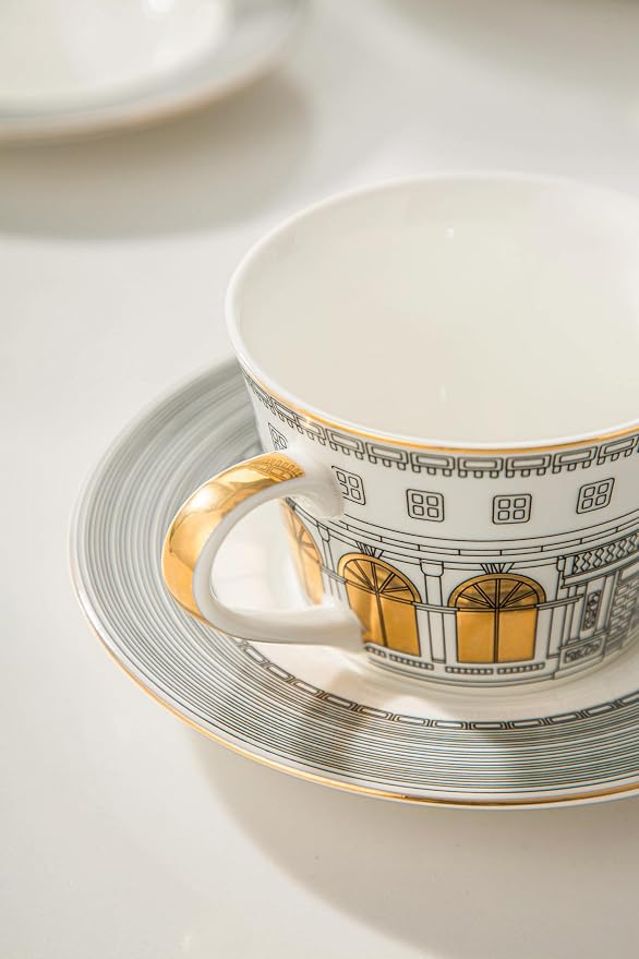 Domini Personalized Architectural Ceramic Tea Cup and Saucer Set,5-piece gift box set with 1 pot, 2 cups and 2 plates