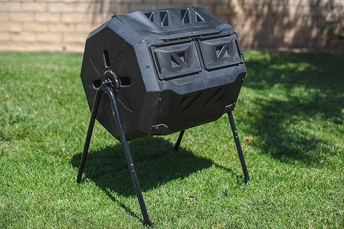 MaxWorks Dual‑Chamber Compost Tumbler, 42‑Gallon Capacity Rotating Outdoor Composter with Aeration Vents, UV‑Resistant Polypropylene Drum and Steel Frame, Includes Gloves (50891)