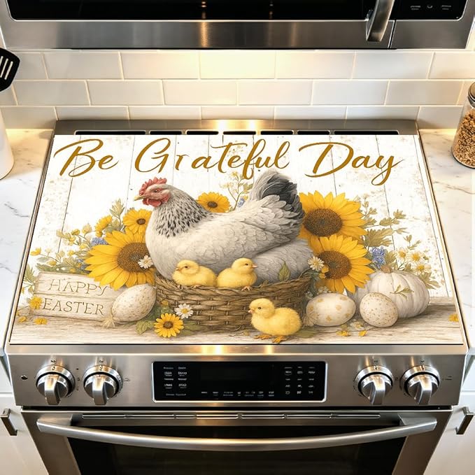 Stove Top Cover for Electric Stove 28.4 x 20.5 Inch Non Slip Stove Mat Oil Proof Grateful Hen Sunflower Glass Cooktop Protector Kitchen Mat