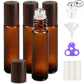PrettyCare 4 Pack, 10 ml Essential Oil Roller Bottles with Stainless Steel Roller Ball - Refillable Leak-proof Empty Thick Amber Glass Roll on Bottles with Wooden Caps for Travel, Perfume