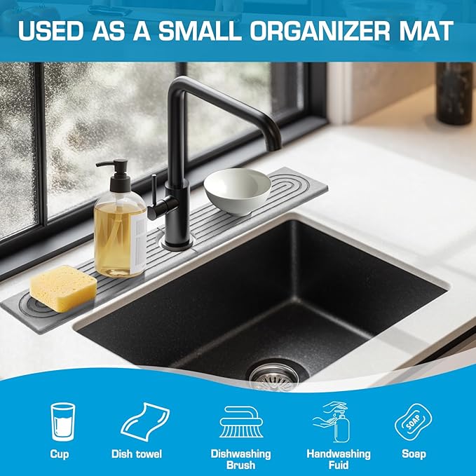 Faucet Mat for Kitchen Sink, Diatomite Quick Drying Tray , Long 23.6'' Kitchen Sink Splash Guard and Bathroom Stone Tray for Counter. Super Absorben. (Light gray-Rectangle, 23.6" x 4")