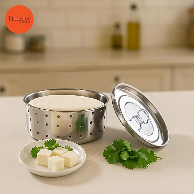 Trisara Stainless Steel Round Paneer Maker/Mould with Lid | 14 cm |Size 4 | Curd/Cheese/Tofu Maker | Strainer for Paneer/Tofu | Homemade Paneer Press/Machine