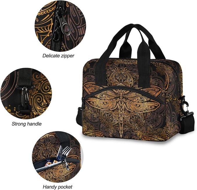 Dragonfly Mandala Insulated Lunch Bag Reusable Lunch Tote Bag Cooler Bag for Women Men Adult Lunch Box with Adjustable Shoulder Strap Leakproof Lunch Bag for Work School Picnic Camping