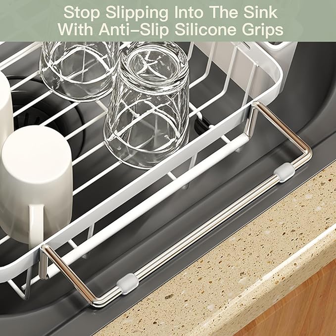 MAJALiS White Dish Drying Rack Over The Sink with Utensil Holder | Expandable Stainless Steel Dish Drainer for Small Kitchen, Apartment, RV, Counter Space Saving, Perfect Fit, Rustproof