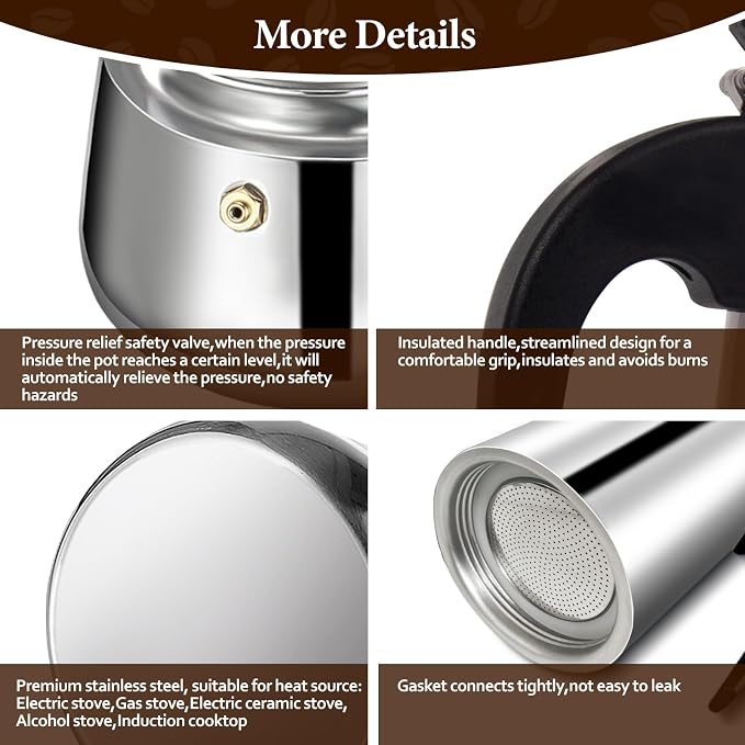 4 Cup Stainless Steel Moka Pot Stovetop Espresso Maker | Italian Coffee Machine 200ml 6.6oz Suitable for Gas Induction Stovetop Mocha Greca Coffee Maker Percolator Straight