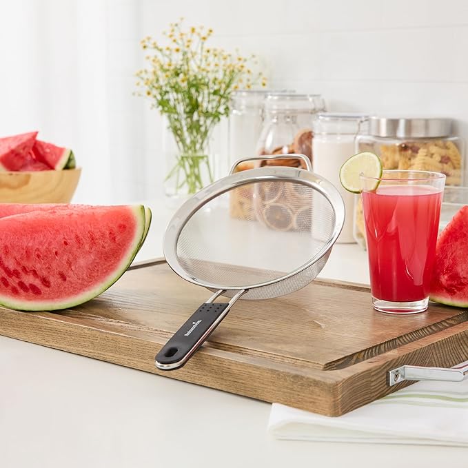 Restaurantware Fine Mesh Strainer 1 Count 14.4" x 7" x 2.9" with Silicone Handle Stainless Steel Extra Fine Mesh Strainer Heat-Resistant Handle Dishwasher-Safe for Rice, Quinoa, Pasta