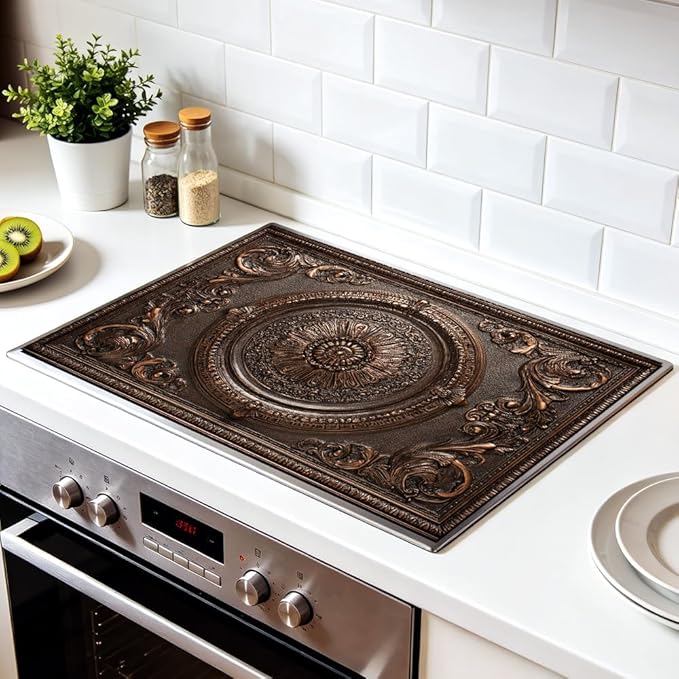 Stove Top Cover for Electric Stove 28.4 x 20.5 Inch Non Slip Stove Mat Oil Proof Bronze Medallion Glass Cooktop Protector Kitchen Mat