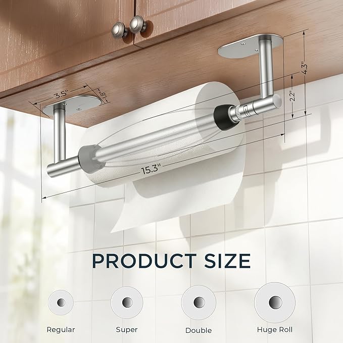 FORIOUS Paper Towel Holder Under Cabinet, One Hand Operable with Ratchet System for Easy Tear, Adhesive or Drill Wall Mount, SUS304 Commercial Paper Towel Holder for Kitchen Bathroom, Sliver