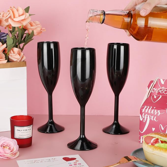 Domensi 60 Pack Black Acrylic Champagne Flutes Bulk 6 oz Unbreakable Reusable High Stem Plastic Toasting Goblets for Wedding, Party, Camping & Restaurant
