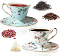 ACMLIFE Tea Sets for Adults, Tea Cups and Saucers, 4 Pcs Floral Vintage Bone China Tea Set, British English Tea Cups with 24K Gold, Mother's Day, Wedding Gift, Tea, Coffee & Gifting (Blue and White)